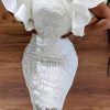 Dresses female | Elegant Commuter High Waist Pure Color Lace Asymmetrical Off The Shoulder Dress White