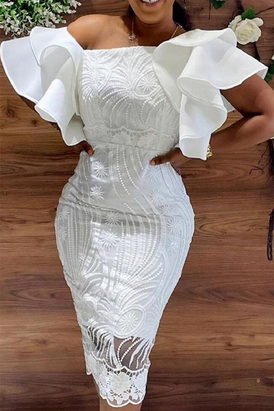 Dresses female | Elegant Commuter High Waist Pure Color Lace Asymmetrical Off The Shoulder Dress White