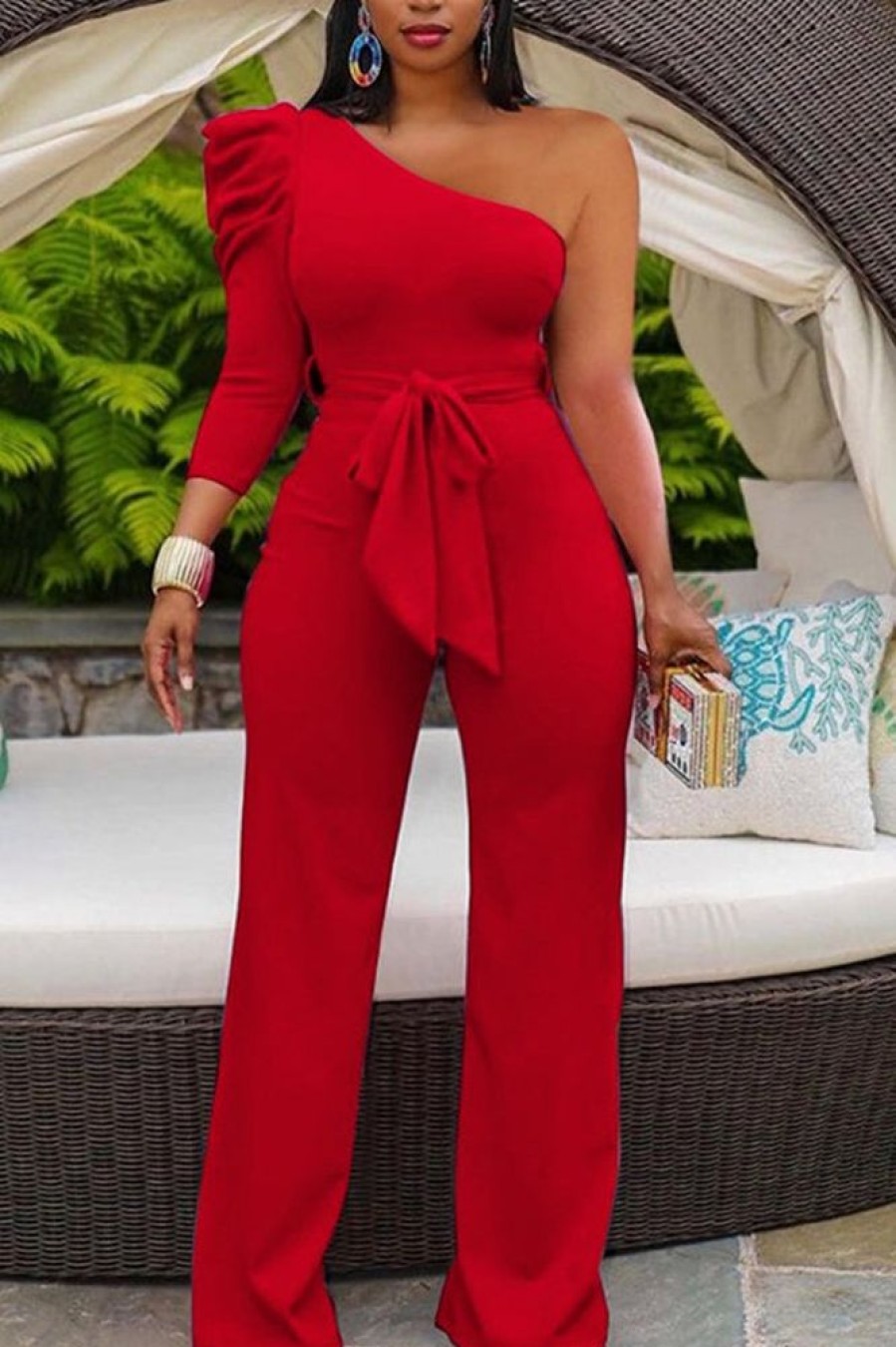 Jumpsuits & Rompers female | Sexy One Shoulder Belt Solid Color Jumpsuit Red