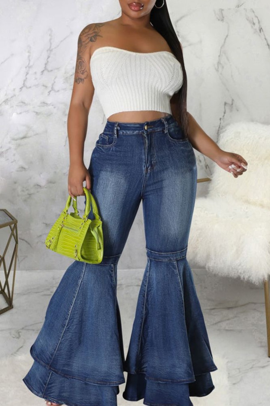 Bottoms female | Fashion High Waist Double Layer Flared Jeans Blue