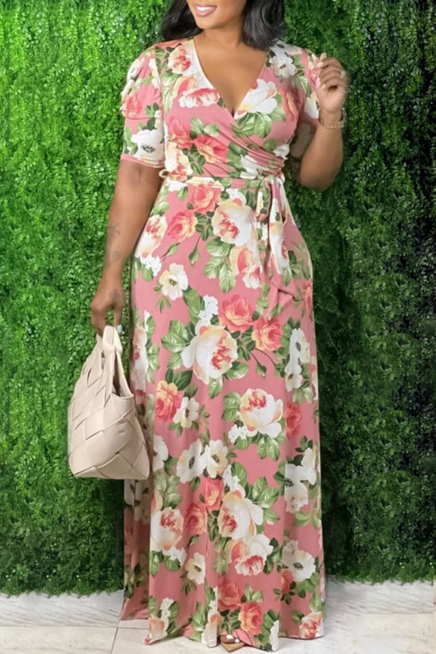 Dresses female | Plus Size V-Neck Floral Wrap Maxi Dress