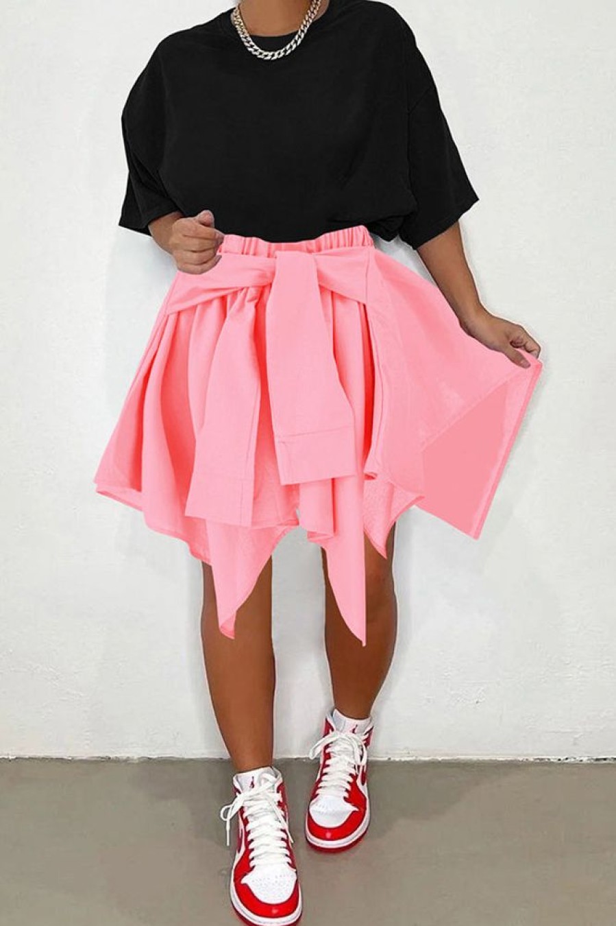 Bottoms female | Fashion Cotton Solid Color Irregular Fake Sleeve Lace Up Skirt