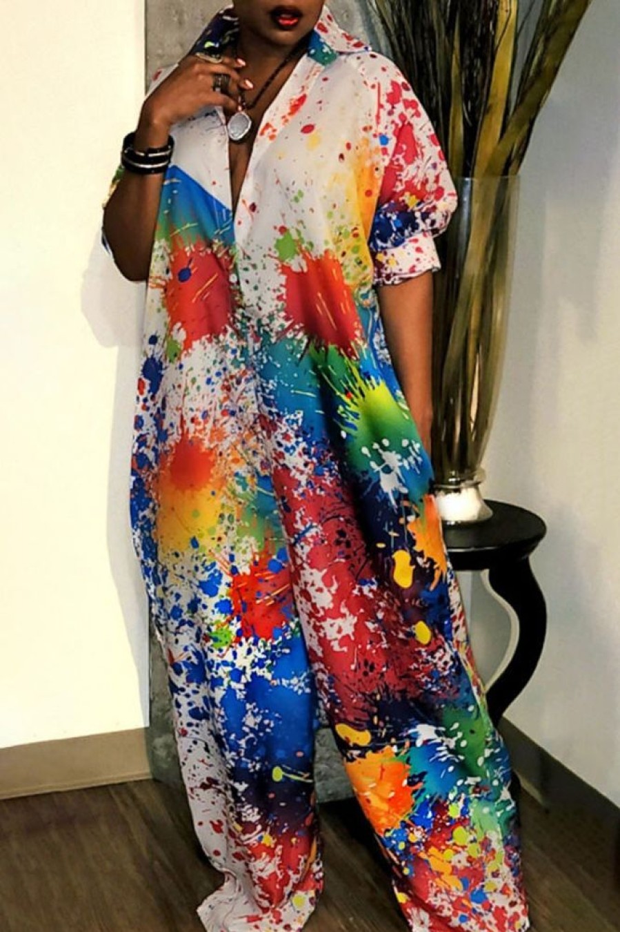 Jumpsuits & Rompers female | Casual Spray Paint Print Loose Sling Cargo Jumpsuit Multicolor