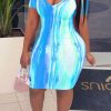 Dresses female | Plus Size Gradient Colorful V-Neck Short Sleeve Midi Dress Blue