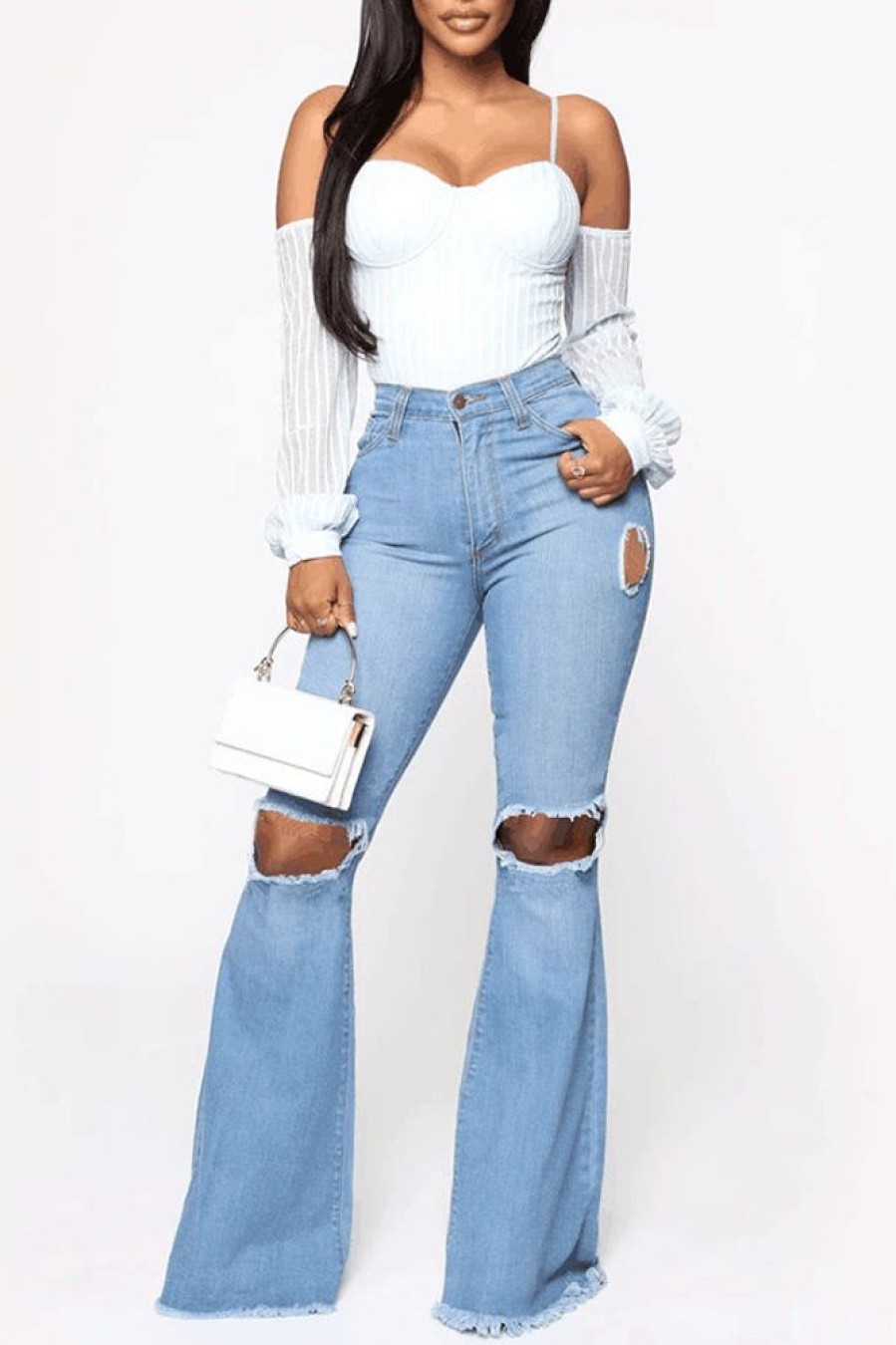 Bottoms female | Fashion High Rise Ripped Flared Jeans