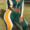 2-Pieces female | Fashion Plus Size Color Block Long Sleeve Zip Slim Short Top Pant Suits Green