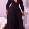 Jumpsuits & Rompers female | Plus Size Deep V Long Sleeve Dress Jumpsuit Black