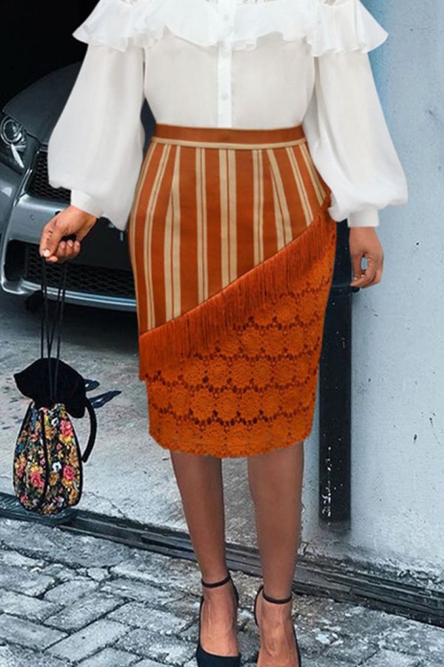 Bottoms female | Elegant Fringed Patchwork Lace Skirt Brown