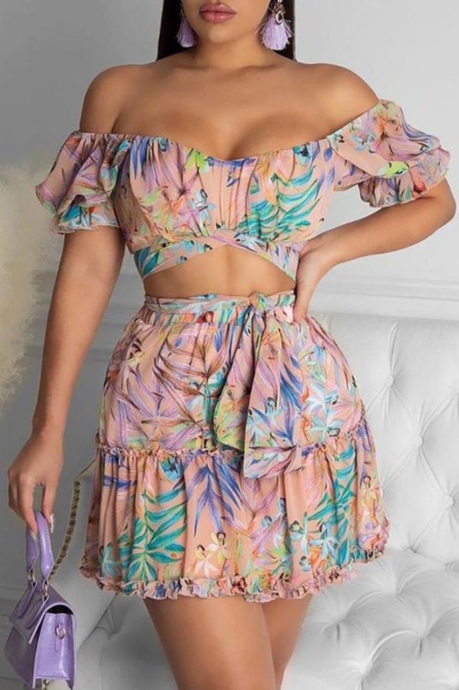 2-Pieces female | Floral Print Off Shoulder Two-Piece Skirt Set Pink