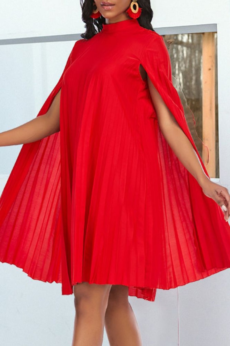 Dresses female | Fashion Solid Color Pleated Cape Loose Midi Dress