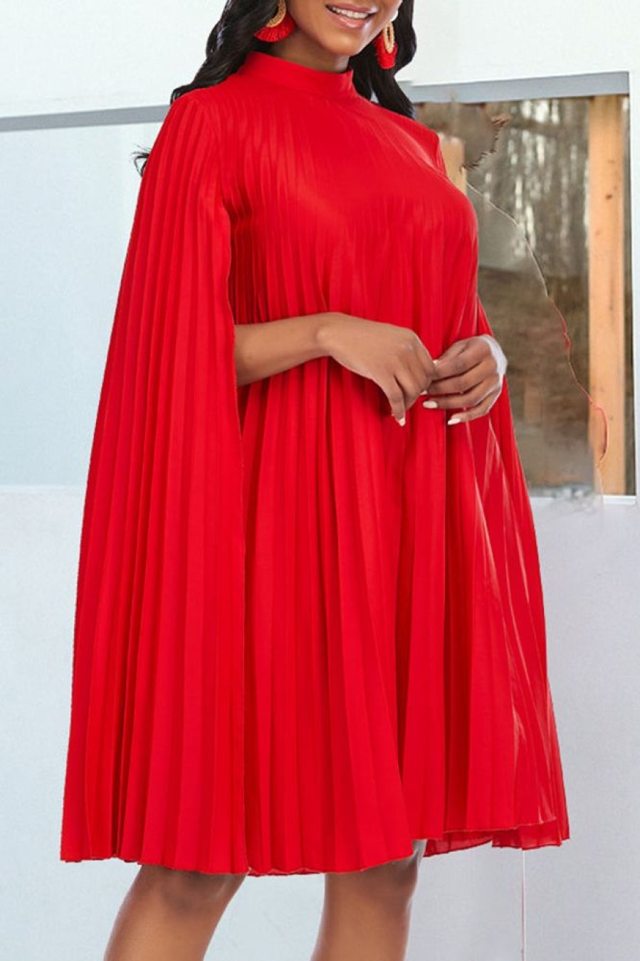 Dresses female | Fashion Solid Color Pleated Cape Loose Midi Dress