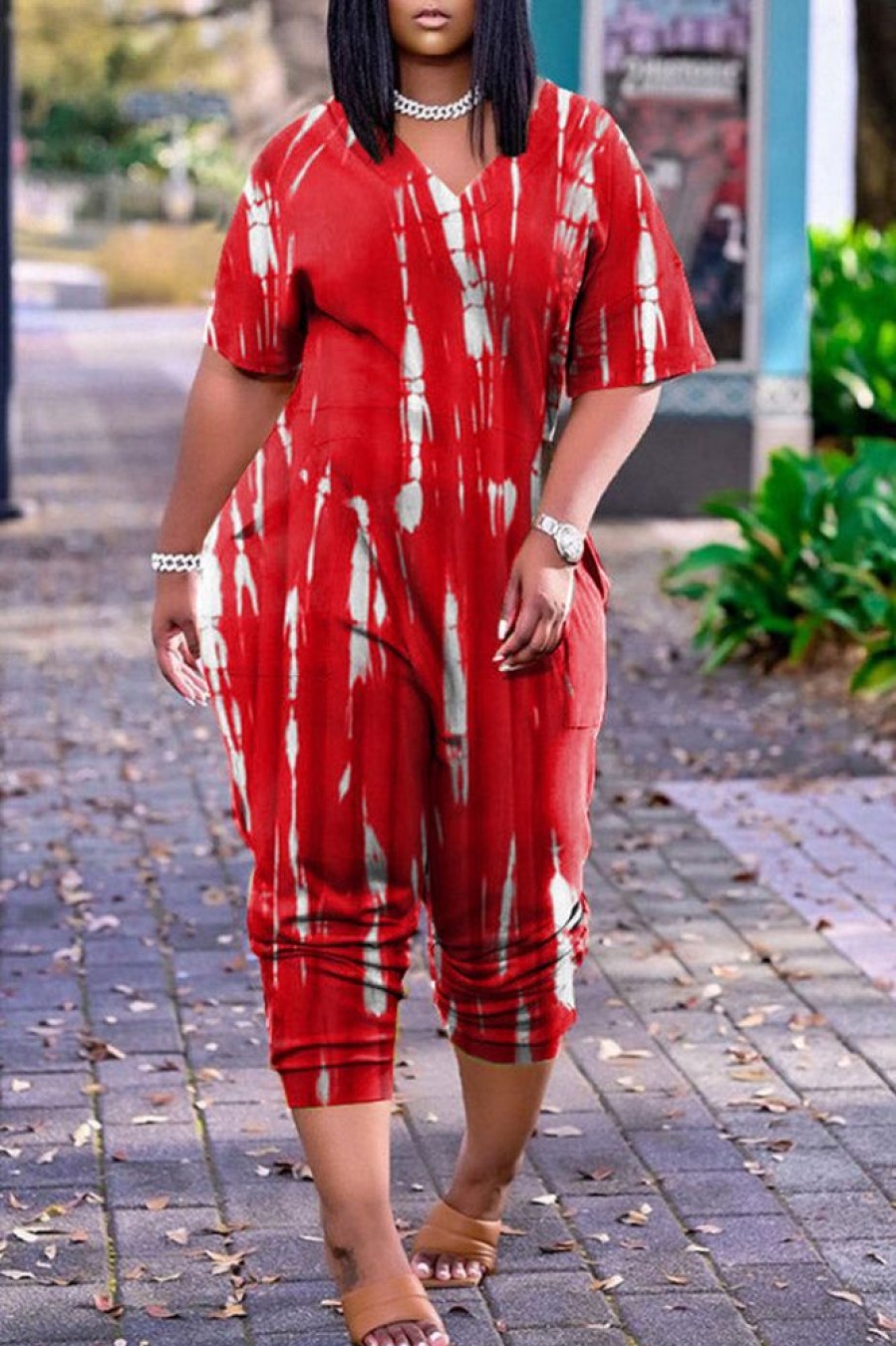 Jumpsuits & Rompers female | Casual Tie Dye Short Sleeve Pocket Jumpsuit