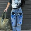 Bottoms female | Statement Ripped Eye Graffiti Print Straight-Leg Jeans Blue