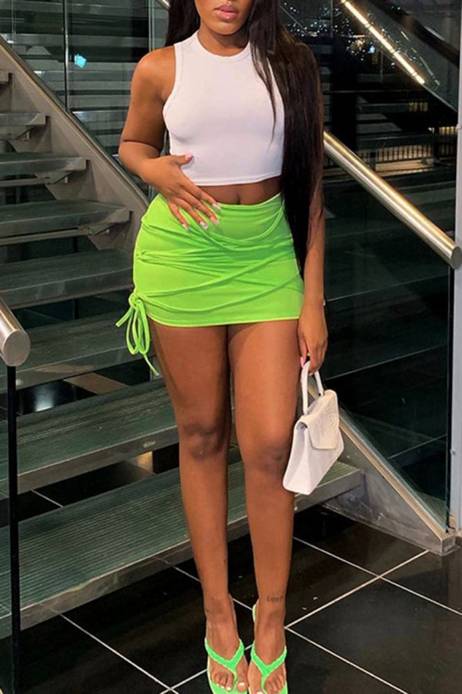 Bottoms female | Solid Color Lace Up Casual Skirt Green