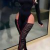 Jumpsuits & Rompers female | Fashion Elegant Striped Stitching Mesh Hollow Sexy Tight-Fitting Jumpsuit