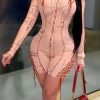 Jumpsuits & Rompers female | Sexy Letter Print Long Sleeve Drawstring Romper Apricot