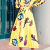 2-Pieces female | Fashion Graffiti Print Long Sleeve Blouse Pleated High Waist Midi Skirt Suits