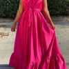 Dresses female | Pure Color Satin Loose Ruffled Sling Maxi Dress (With Belt)