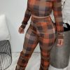 2-Pieces female | Plaid High Neck Ruched Plus Size Pants Set Orange