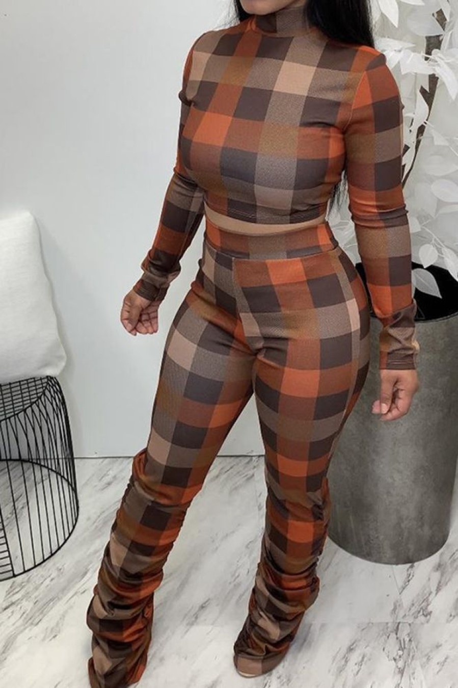 2-Pieces female | Plaid High Neck Ruched Plus Size Pants Set Orange