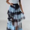 Bottoms female | Romantic See-Through Mesh Asymmetric Ruffle Gradient Color Long Skirt