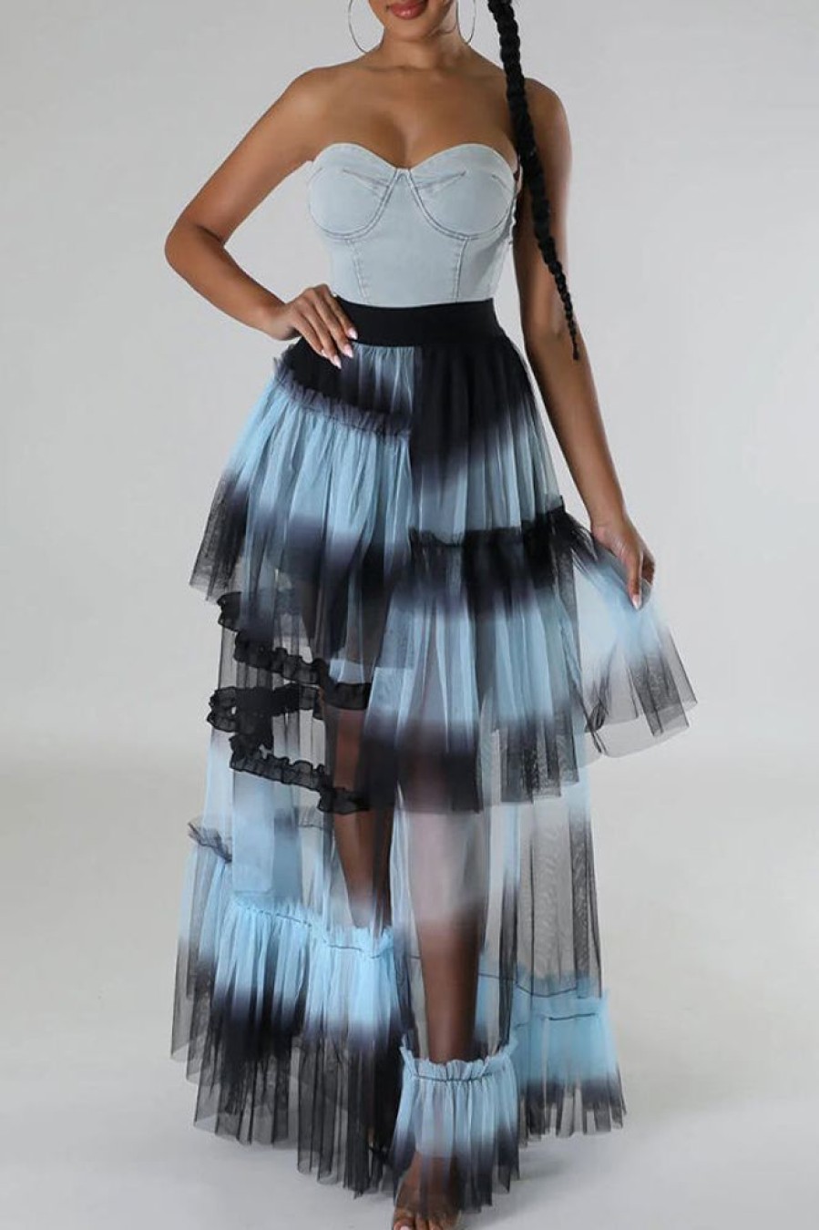 Bottoms female | Romantic See-Through Mesh Asymmetric Ruffle Gradient Color Long Skirt