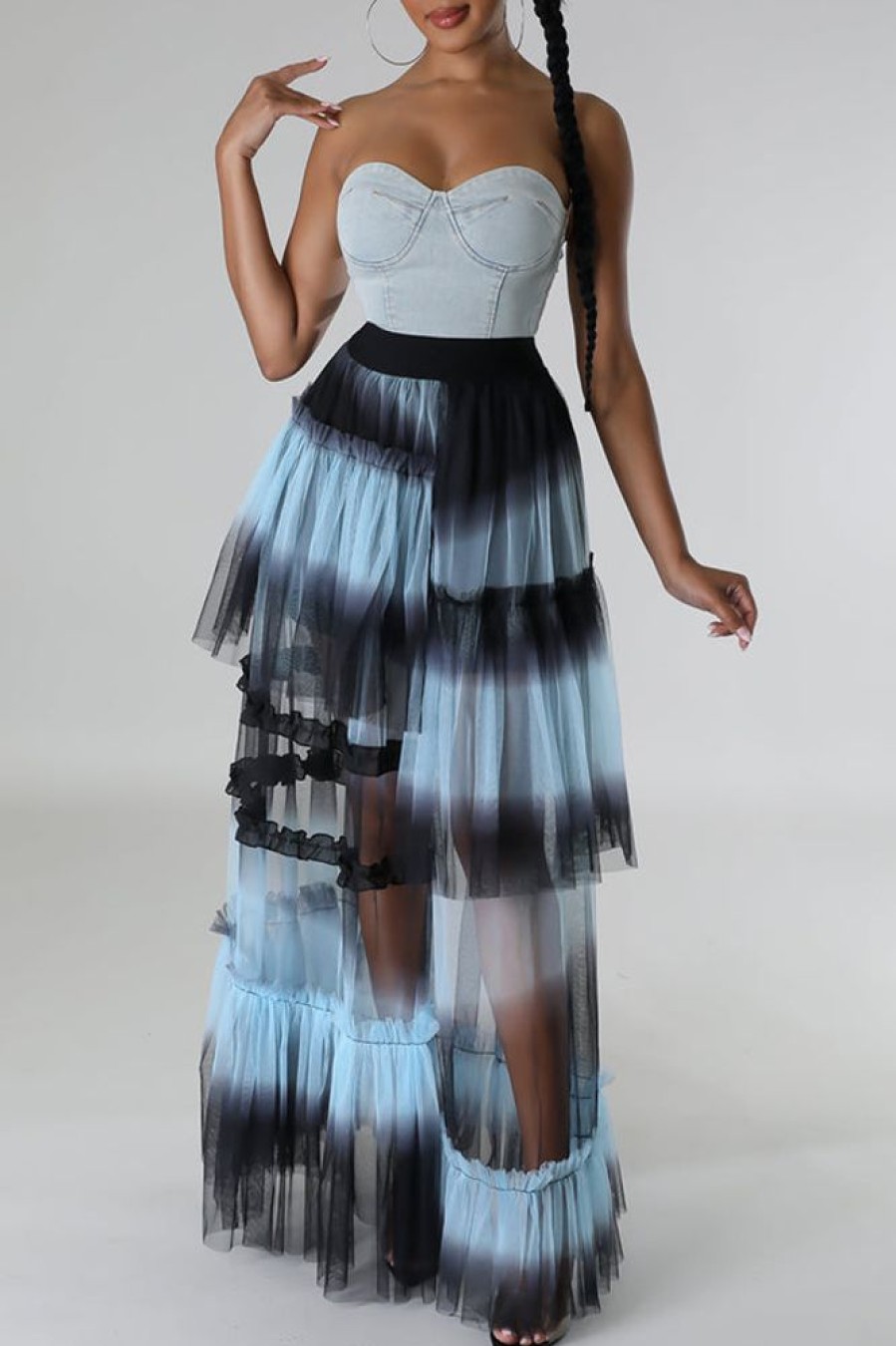 Bottoms female | Romantic See-Through Mesh Asymmetric Ruffle Gradient Color Long Skirt