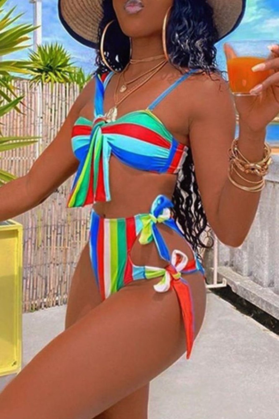 Swimwear female | Colorful Striped Knotted Bow Two-Piece Bikini Multicolor