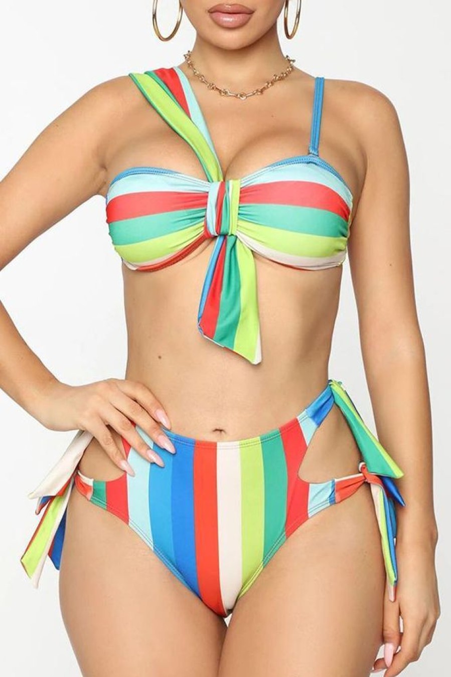 Swimwear female | Colorful Striped Knotted Bow Two-Piece Bikini Multicolor