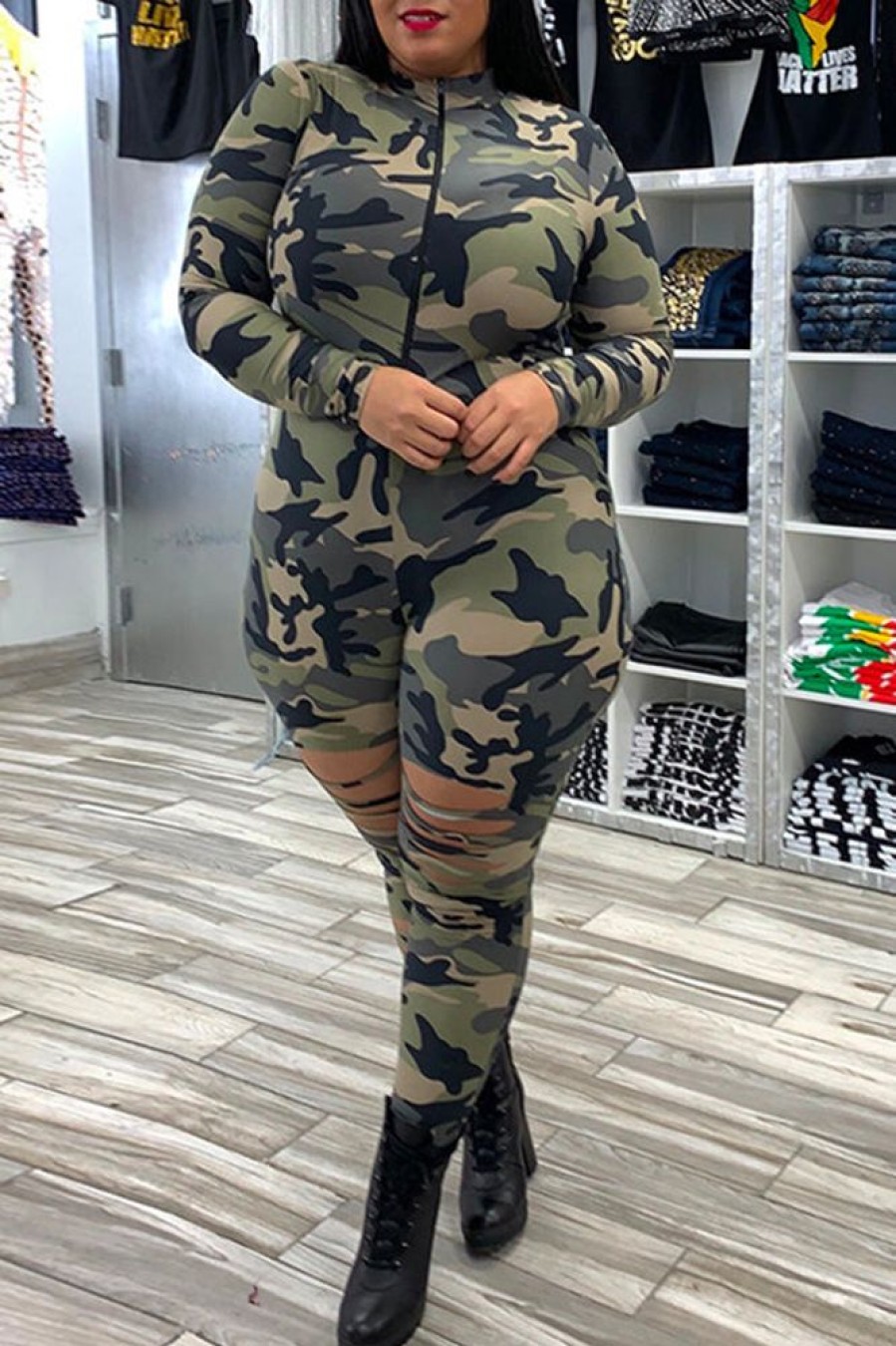 Jumpsuits & Rompers female | Plus Size Fashion Camouflage Ripped Zipper Jumpsuit Army Green