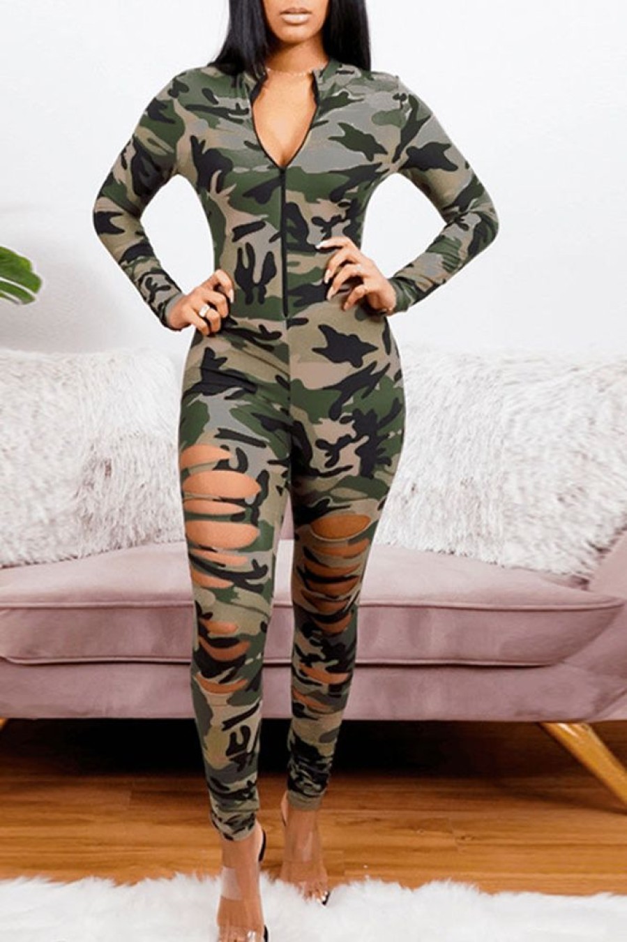 Jumpsuits & Rompers female | Plus Size Fashion Camouflage Ripped Zipper Jumpsuit Army Green