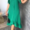 Dresses female | Round Collar Ruched Sleeve Ruffle Hem Midi Dress