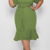 Dresses female | Plus Size Sweet Puff Sleeve Tie Waist Ruffle Midi Dress