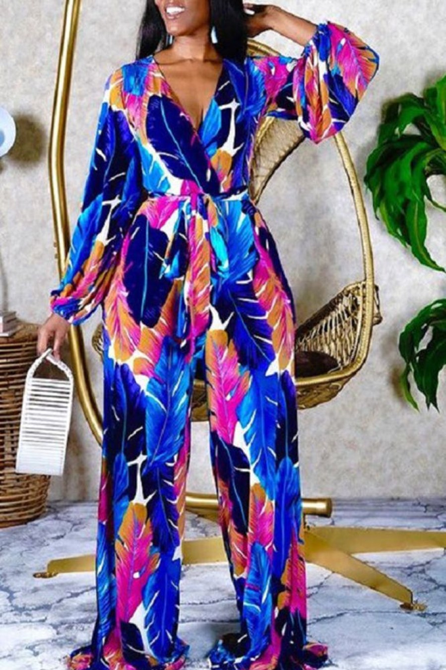 Jumpsuits & Rompers female | Boho V-Neck High Waist Loose Wide Leg Mopping Jumpsuit Blue