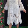 Dresses female | Hollow Flying Sleeves Elegant Wavy Lace Dress White