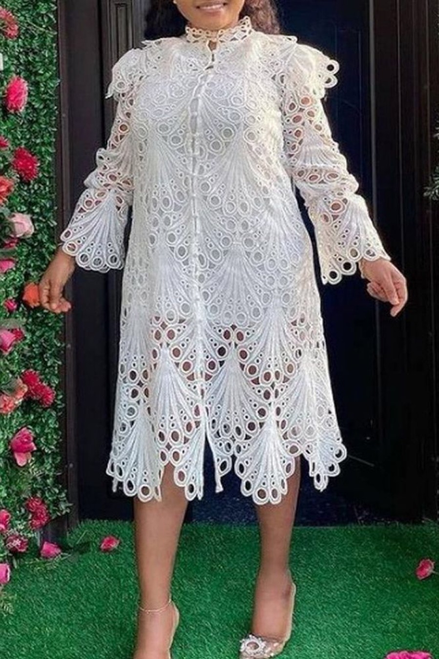 Dresses female | Hollow Flying Sleeves Elegant Wavy Lace Dress White