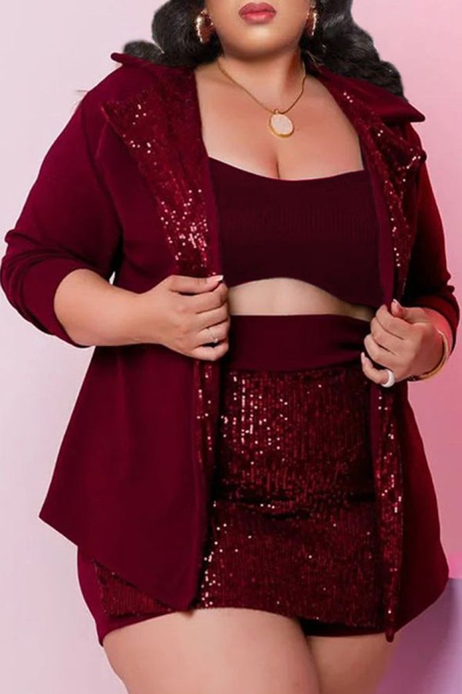 2-Pieces female | Plus Size Sequin Patched Blazer & All Sequin Skirt 3Pc Set