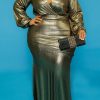 Dresses female | Luxury Bronzing Plus Size Long Sleeve V-Neck Maxi Dress