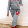 2-Pieces female | Casual Red Letter Print Zip Hooded Pocket Jacket Print Pant Suits Ash