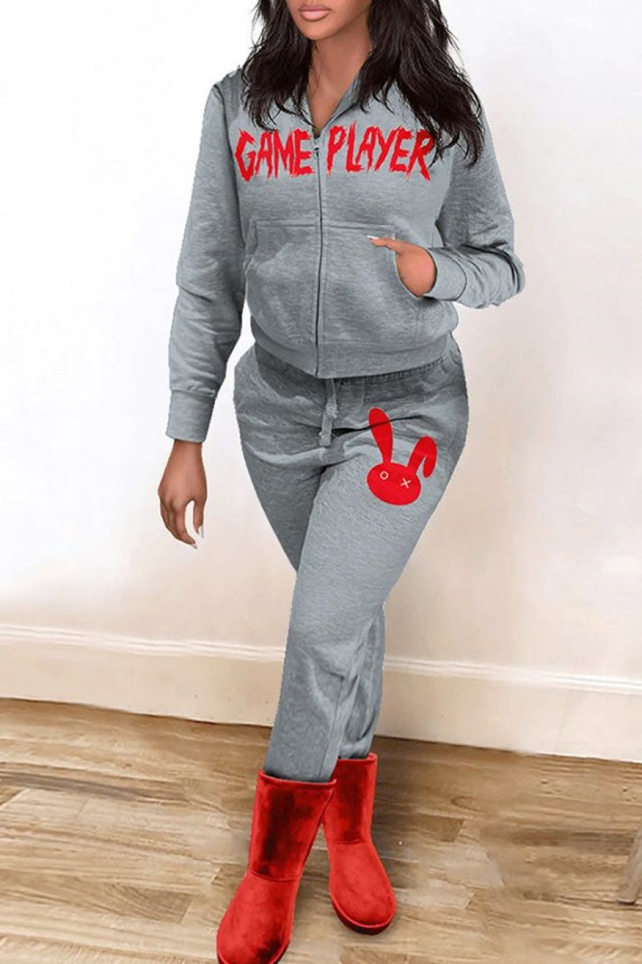 2-Pieces female | Casual Red Letter Print Zip Hooded Pocket Jacket Print Pant Suits Ash