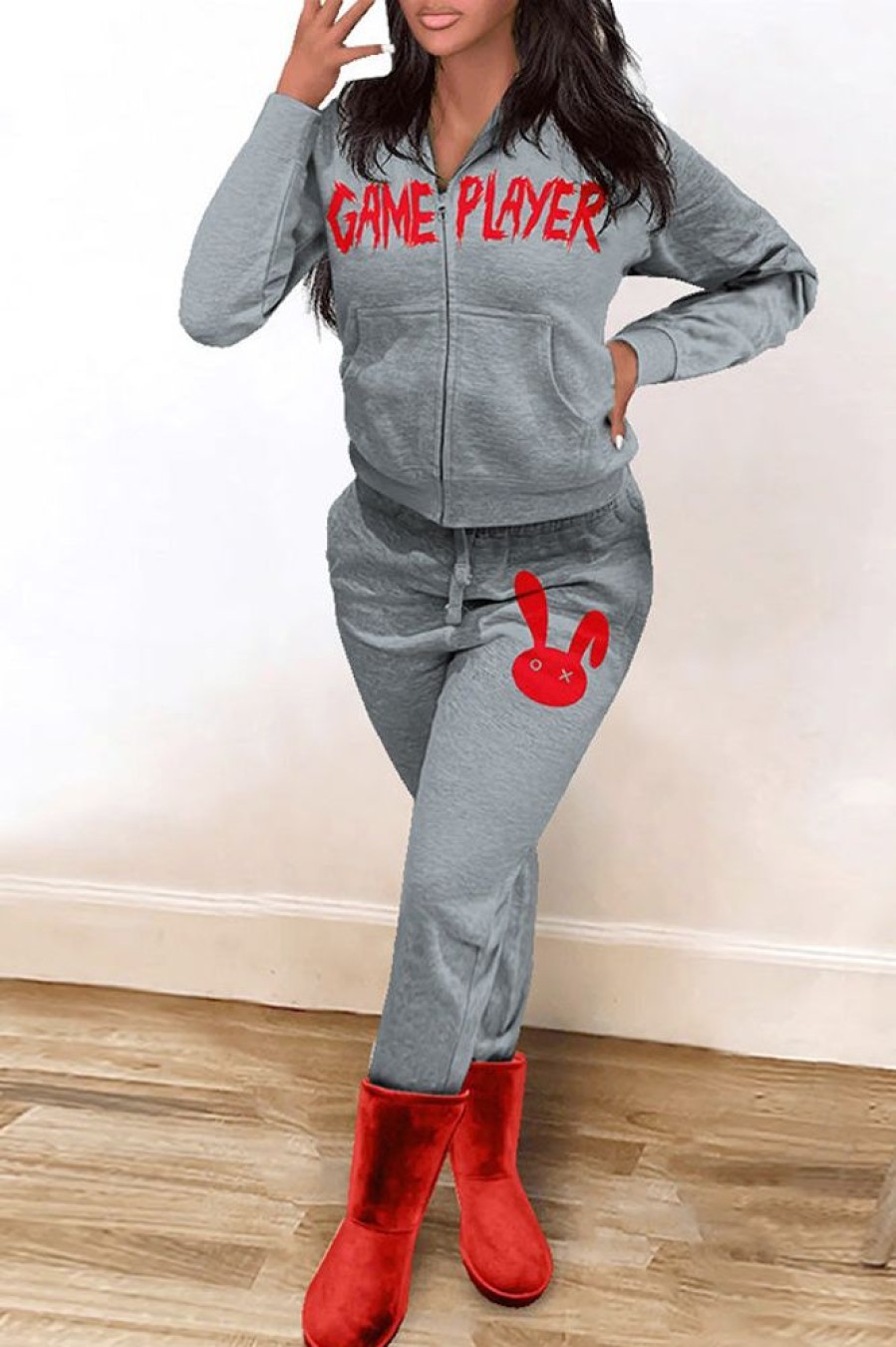 2-Pieces female | Casual Red Letter Print Zip Hooded Pocket Jacket Print Pant Suits Ash