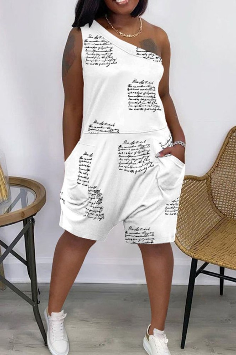 Jumpsuits & Rompers female | Casual One Shoulder Letter Print Sleeveless Pocket Rompers White