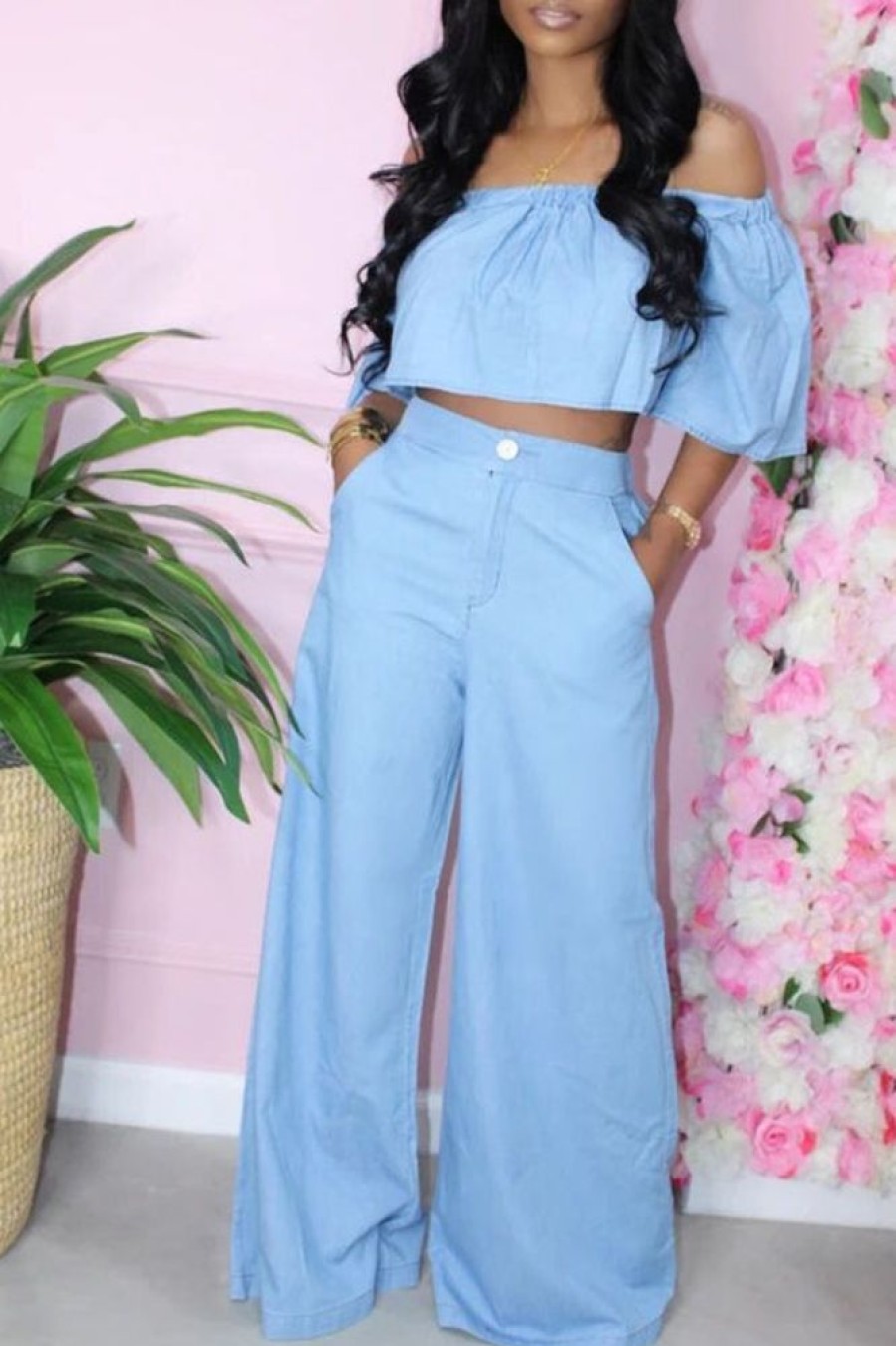 2-Pieces female | Fashion Loose High Waist Wide Leg Pants Denim Two-Piece Set