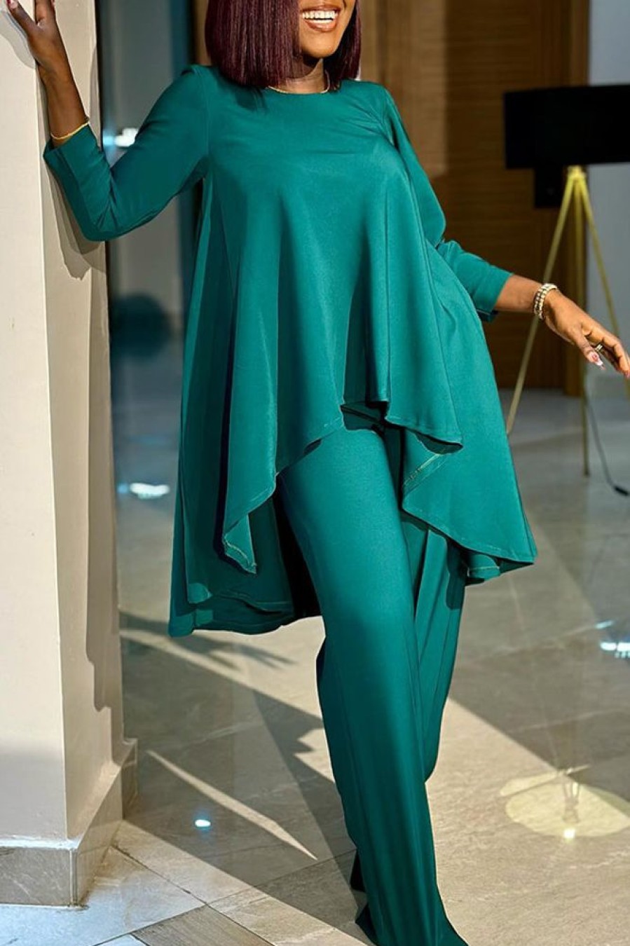 2-Pieces female | Casual Round Neck Blouse And Trousers Two-Piece Set Green