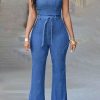 Jumpsuits & Rompers female | Fashion Casual Halter Neck Denim Jumpsuit With Belt Blue