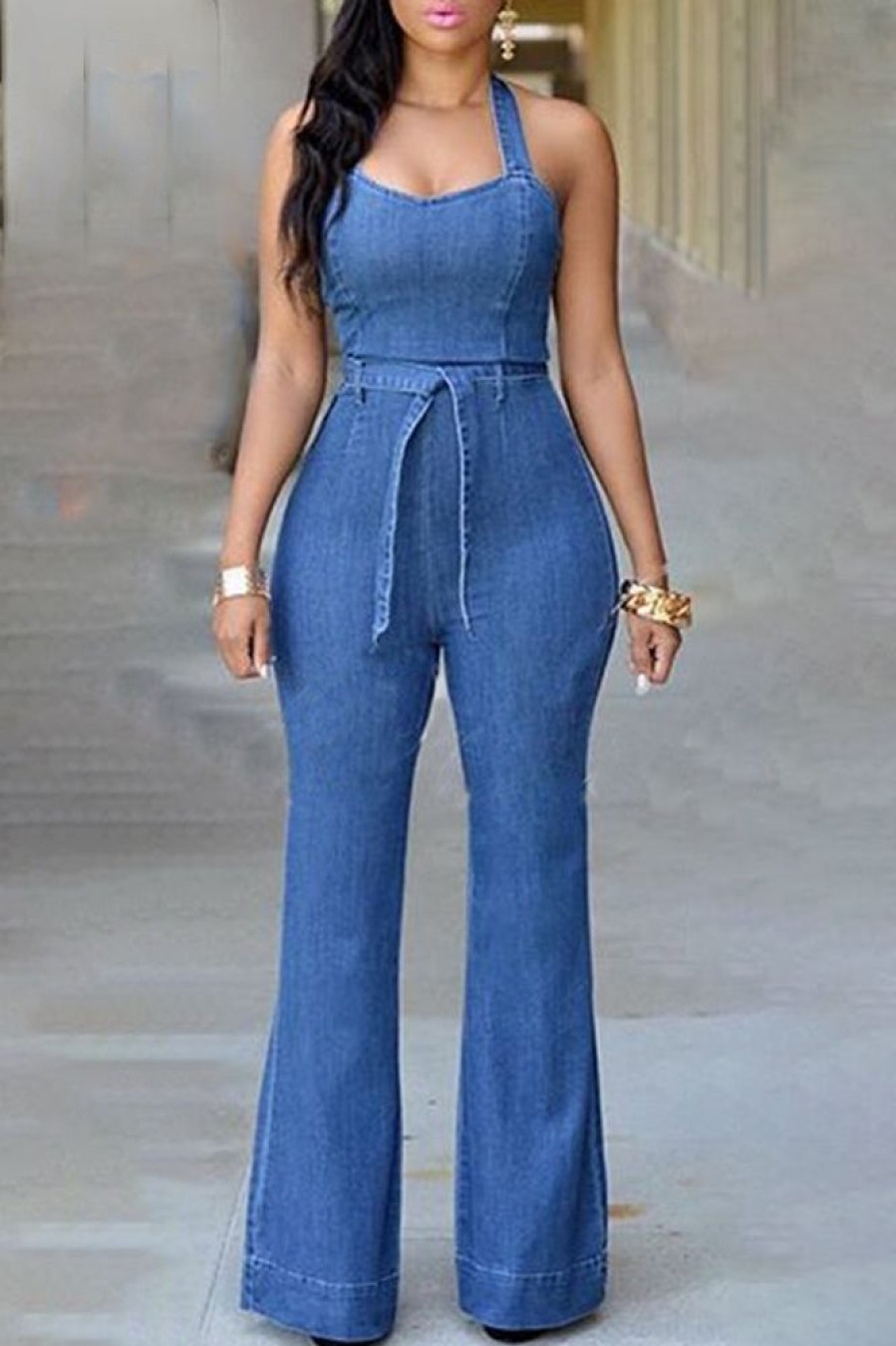 Jumpsuits & Rompers female | Fashion Casual Halter Neck Denim Jumpsuit With Belt Blue