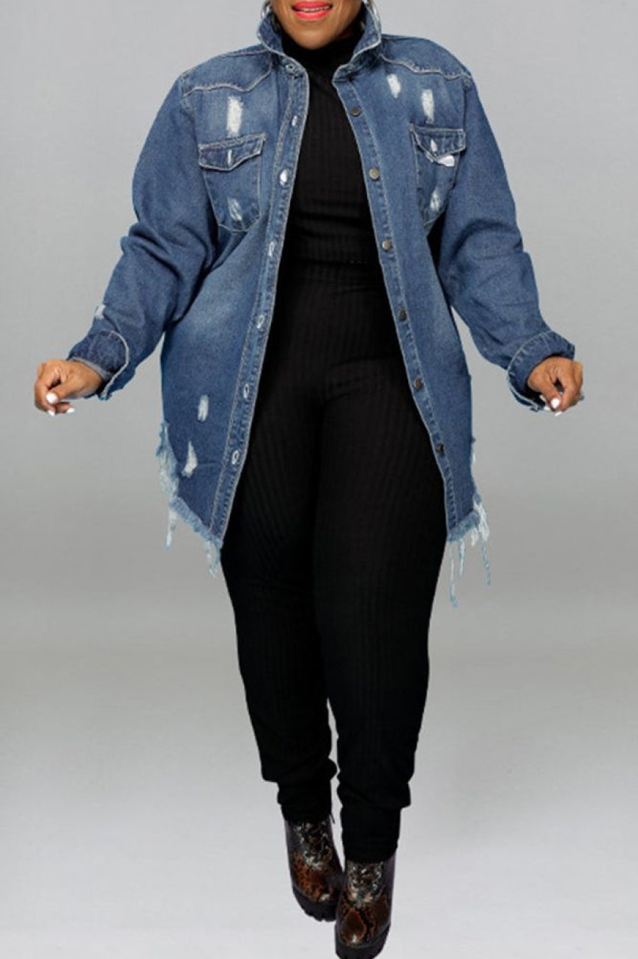 Tops & Outerwear female | Popular Plus Size Wash Water Ripped Denim Jacket Blue