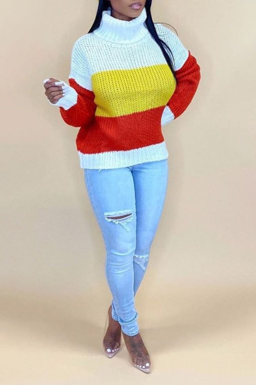 Tops & Outerwear female | Turtleneck Color Block Casual Sweater