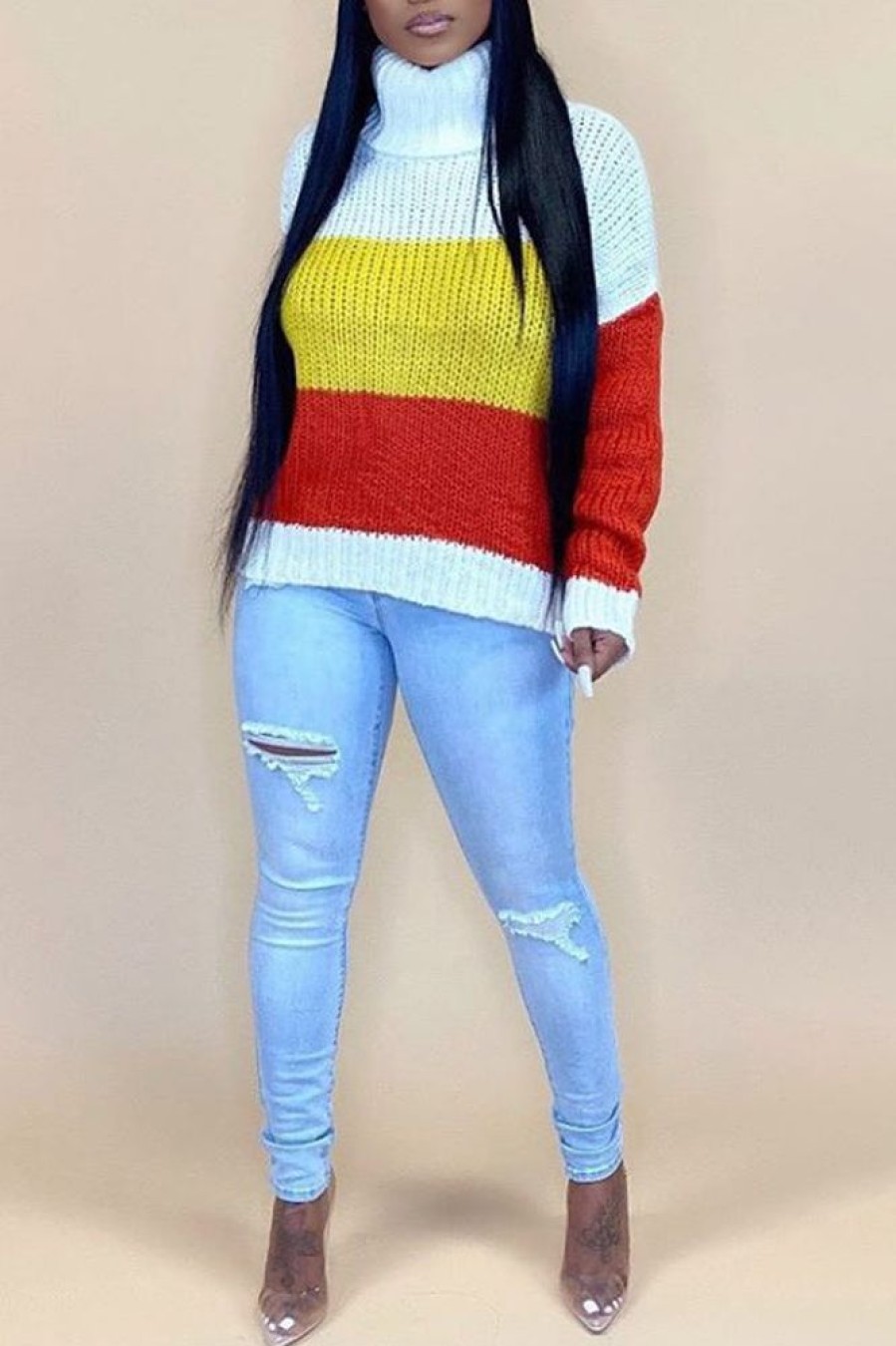 Tops & Outerwear female | Turtleneck Color Block Casual Sweater