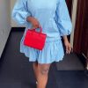 Dresses female | Fashion Ruffled Loose Lantern Sleeve Zipper Dress Wathet Blue